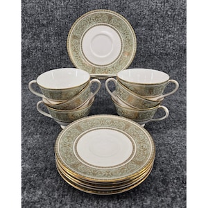 Royal Doulton English Renaissance Tea Set 12pc Green Gold Fine Bone China H.4972