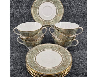 Royal Doulton English Renaissance Tea Set 12pc Green Gold Fine Bone China H.4972