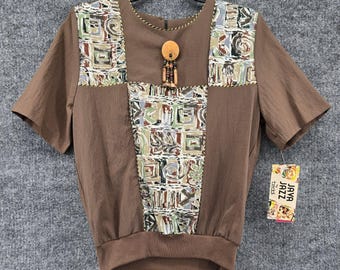 Vtg Teddi Java Jazz Top Women PL Petite Brown Abstract Beaded Artsy Southwest