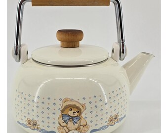 Vtg Tienshan Country Bear Theodore Tea Kettle W/ Handle Ivory Blue Farmhouse 90s