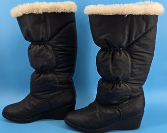 Vtg Y2K Town Country Winter Boots Sz 7.5 Black Puffer Wedge Pull On Faux Fur