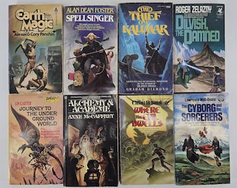 Lote de 8 libros de ciencia ficción y fantasía antiguos, novelas de bolsillo, historias de los años 80, primeras ediciones.