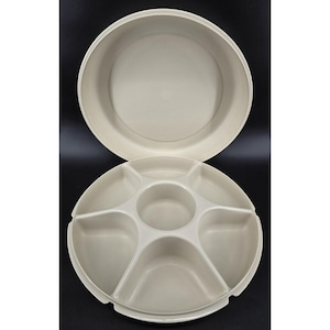 Bandeja divisoria para frutas y verduras Tupperware vintage, modelo 1665, con tapa, modelo 1666, color beige.