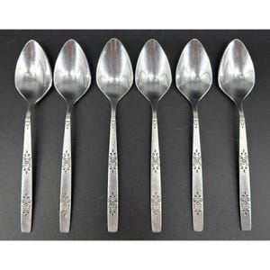 May include: Six stainless steel spoons arranged in a row. Each spoon has a rounded bowl and a long handle with a decorative floral pattern near the base. The spoons are set against a dark background.