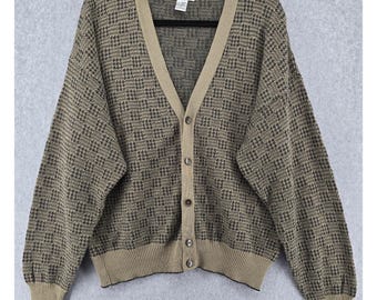 Vtg 90s Alfani Men L Cardigan Sweater Wool Blend Beige Houndstooth Grandpa