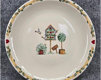 Piatto da portata vintage Thomson Pottery Birdhouse da 12 pollici, colore crema, stile country folk.