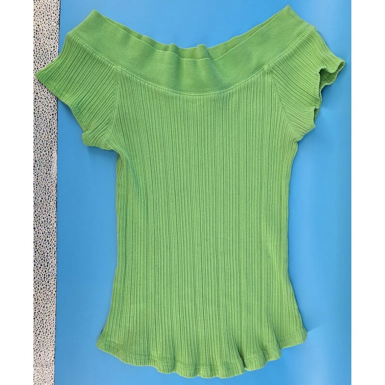 Vtg Energie Juniors XL Green Off Shoulder Top Shirt Fitted Ribbed Y2K Stretch image 2