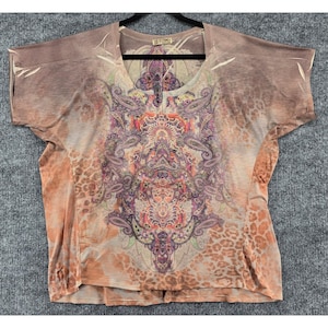 VTG Y2K Blue Canyon Embellished Top Femme 2X Marron Paisley Leopard Boho Bling