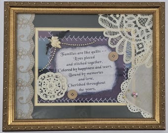 Vtg Handmade Framed Collage 'Families are Like Quilts' Poem Lace Button Crochet