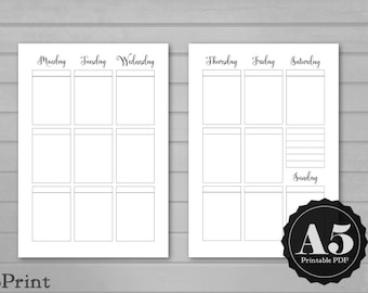 Weekly Box Planner Inserts - A5 Printable - Calligraphy Script Weekly Spread with Boxes for Stickers and Decorations - Vertical Week Layout