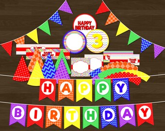 Rainbow Birthday Party Set - Printable Rainbow Party Package with Banners, Cupcake Toppers, and More