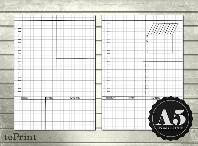 Weekly Lists & Boxes Planner Inserts A5 Printable Planner Bullet Journal Inspired Blank, Square, Dot Grids Week Layout Undated Wo2P image 2