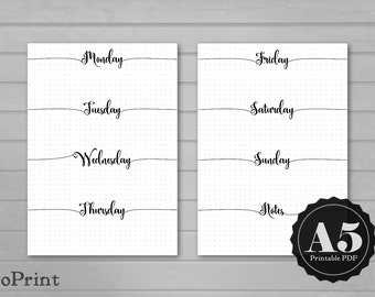 Printable Weekly Planner Inserts - A5 - Calligraphic Script - Bullet Journal Spread with Grids - Horizontal Week Layout Undated Wo2P - BuJo
