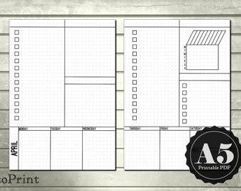 Weekly Lists & Boxes Planner Inserts - A5 Printable Planner - Bullet Journal Inspired - Blank, Square, Dot Grids - Week Layout Undated Wo2P