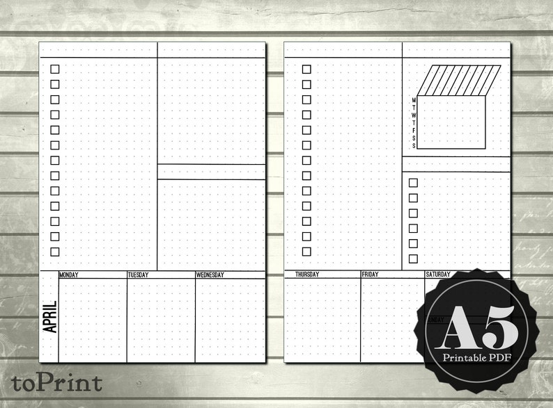 Weekly Lists & Boxes Planner Inserts A5 Printable Planner Bullet Journal Inspired Blank, Square, Dot Grids Week Layout Undated Wo2P image 1