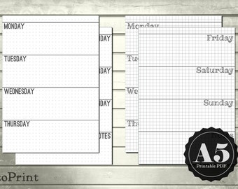 Weekly Grid Planner Inserts - A5 Printable Planner - Bullet Journal Spread in Square and Dot Grids - Horizontal Week Layout Undated Wo2P