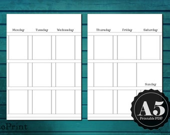 Vertical Boxes Planner Inserts - A5 Printable Planner - Handwritten Font - Weekly Spread with Boxes for Stickers and Decorations - Wo2P