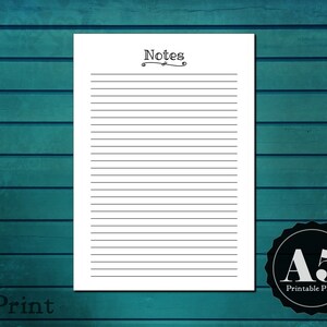 May include: A printable A5 sized sheet of lined paper with the word "Notes" at the top. The paper is white with black lines.