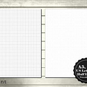 Rejilla de llano cuadrado de 5mm y punto red planificador para imprimir páginas - diario de la bala - A4 A5 carta de Estados Unidos y los partes movibles media carta cuadrícula en blanco hojas PDF