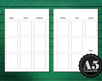 Weekly Vertical Box Planner Inserts - A5 Printable Planner - Minimalist Weekly Spread with Boxes for Stickers and Decorations - Wo2P Layout