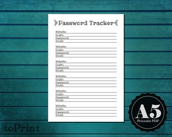 Password Tracker Planner Insert - A5 Printable Planner - Handwritten Font - Color and Decorate