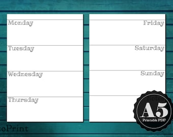 Weekly Planner Inserts - A5 Printable Planner - Horizontal Undated Spread with Monday Start - Wo2P - Handwritten Font - Color and Decorate