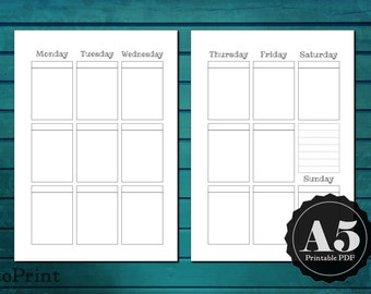 Weekly Box Planner Inserts - A5 Printable Planner - Minimalist Weekly Spread with Boxes for Stickers and Decorations - Vertical Week Layout