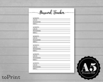 Password Tracker Planner Insert - A5 Printable Planner Page - Calligraphic Script - Password Keeper List