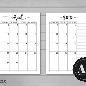 May include: A printable calendar for April 2018. The calendar is black and white and has a simple design. The days of the week are listed at the top of the calendar, and the numbers for each day are listed in the boxes below.