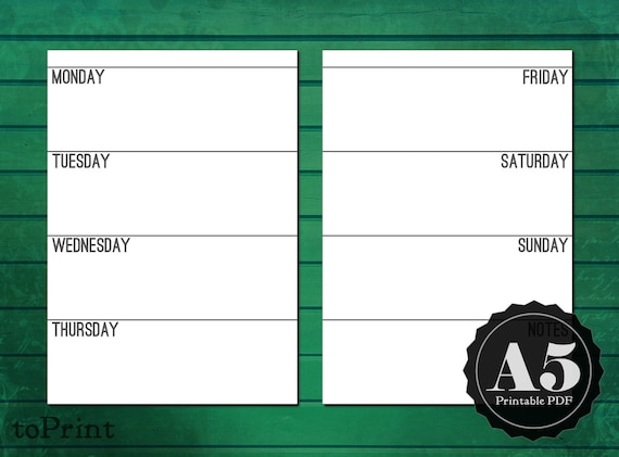 Weekly Planner Inserts - A5 Printable Planner - Horizontal Undated Spread with Monday Start - Wo2P - Clean All Caps Sans Serif Font