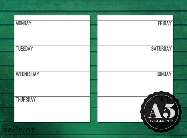 Pu&ograve; includere: Un planner settimanale A5 stampabile con un design in bianco e nero. Il planner ha una colonna per ogni giorno della settimana, dal luned&igrave; alla domenica. Il planner &egrave; progettato per essere stampato su carta A5 standard.