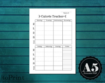 Calorie Tracker Planner Insert - A5 Printable Planner Pages - Handwritten Font - Color and Decorate - Food Log Week on One Page - Diet Chart