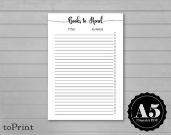 Books to Read Planner Insert - A5 Printable Planner - Calligraphic Script Font Collection - Title and Author - Reading List