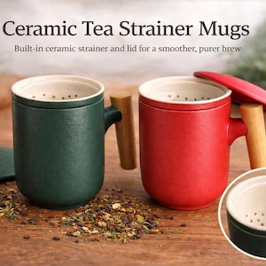 May include: Two ceramic tea strainer mugs, one green and one red, with wooden handles and lids. The mugs have built-in strainers for a smoother brew. The text "Ceramic Tea Strainer Mugs" is at the top of the image.