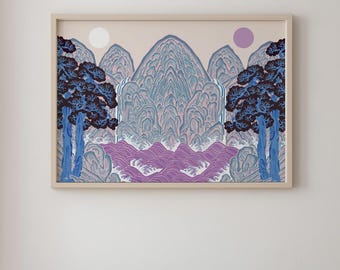 Irworobongdo Dreamscape Framed Art Print, Violet Blue Korean Landscape Decor (Ready to Hang)