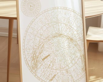 Korean Celestial Map Print, Cheonsang Yeolcha Bunyajido Poster, White Gold Astronomy Wall Art
