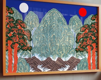 Irworobongdo Framed Korean Landscape Art, Cobalt Blue Sun Moon Mountains Decor (Ready to Hang)