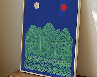 Irworobongdo Framed Art, Cobalt Blue Sun Moon Peaks, Vertical Modern Decor