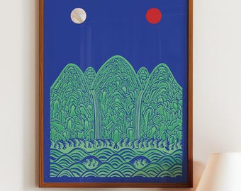 Irworobongdo Vertical Wall Art, Cobalt Blue Minimalist Poster, Sun Moon Peaks (Unframed Print)