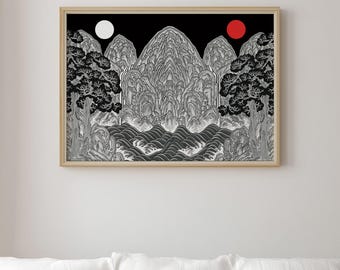 Irworobongdo Black Art Print, Monochrome Korean Sun Moon Mountains Poster, Minimalist Black Wall Decor