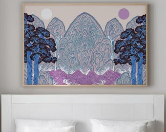Irworobongdo Dreamscape Art Print, Violet Blue Korean Landscape Poster, Atmospheric Minimal Wall Decor