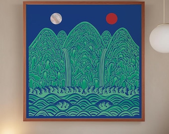 Irworobongdo Sun Moon Art, Cobalt Blue Minimalist Poster, Oversized Square Wall Decor