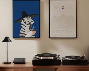 Korean Tiger & Irworobongdo Art Prints, Minimalist Asian Gallery Wall Duo