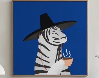 Minimalist Tiger Coffee Art Print, Korean Inspired Square Blue Wall Art