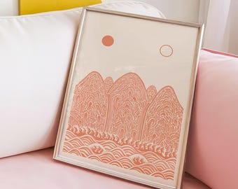 Framed Irworobongdo Art, Coral Pink Korean Minimalist Sun Moon Mountains (Ready to Hang)