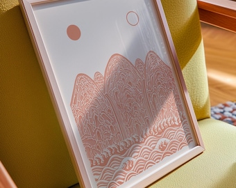 Irworobongdo Print, Coral Pink Korean Minimalist Wall Art, Soft Color Wall Decor