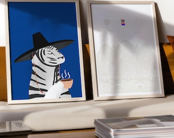 Framed Korean Art Set, Tiger & Irworobongdo Prints, Minimalist Asian Decor