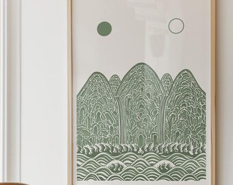 Irworobongdo Print, Sage Green Minimalist Poster, Korean Sun Moon Mountains (Digital Download)