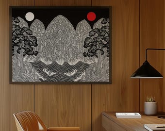 Irworobongdo Framed Black Art Print, Monochrome Korean Sun Moon Mountains Decor (Ready to Hang)
