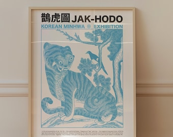 Jak-Ho-Do Korean Minhwa Poster, Minimal Blue Magpie Tiger Art (Instant Download)